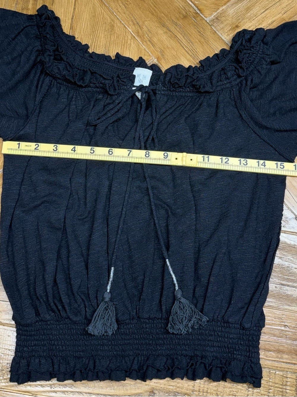 We The Free Free People Black Smocked Peasant Top Tassel Ties - Size S - Picture 6 of 12